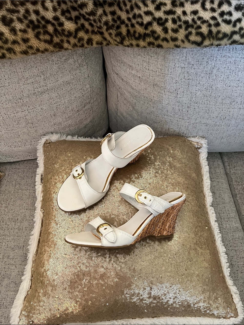 Madeline Real leather white Wedge Sandals with Gold Buckles